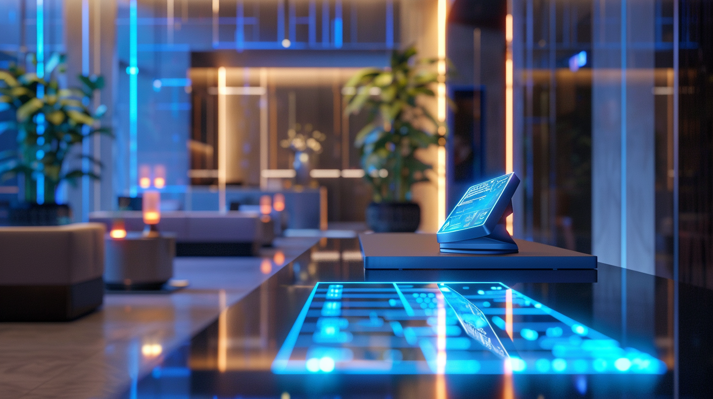 u3737758982_AI-powered_luxury_concierge_desk_with_holographic_2728260a-8315-4f21-97d7-39f50b098672_0 Futuristic smart home with digital keypad