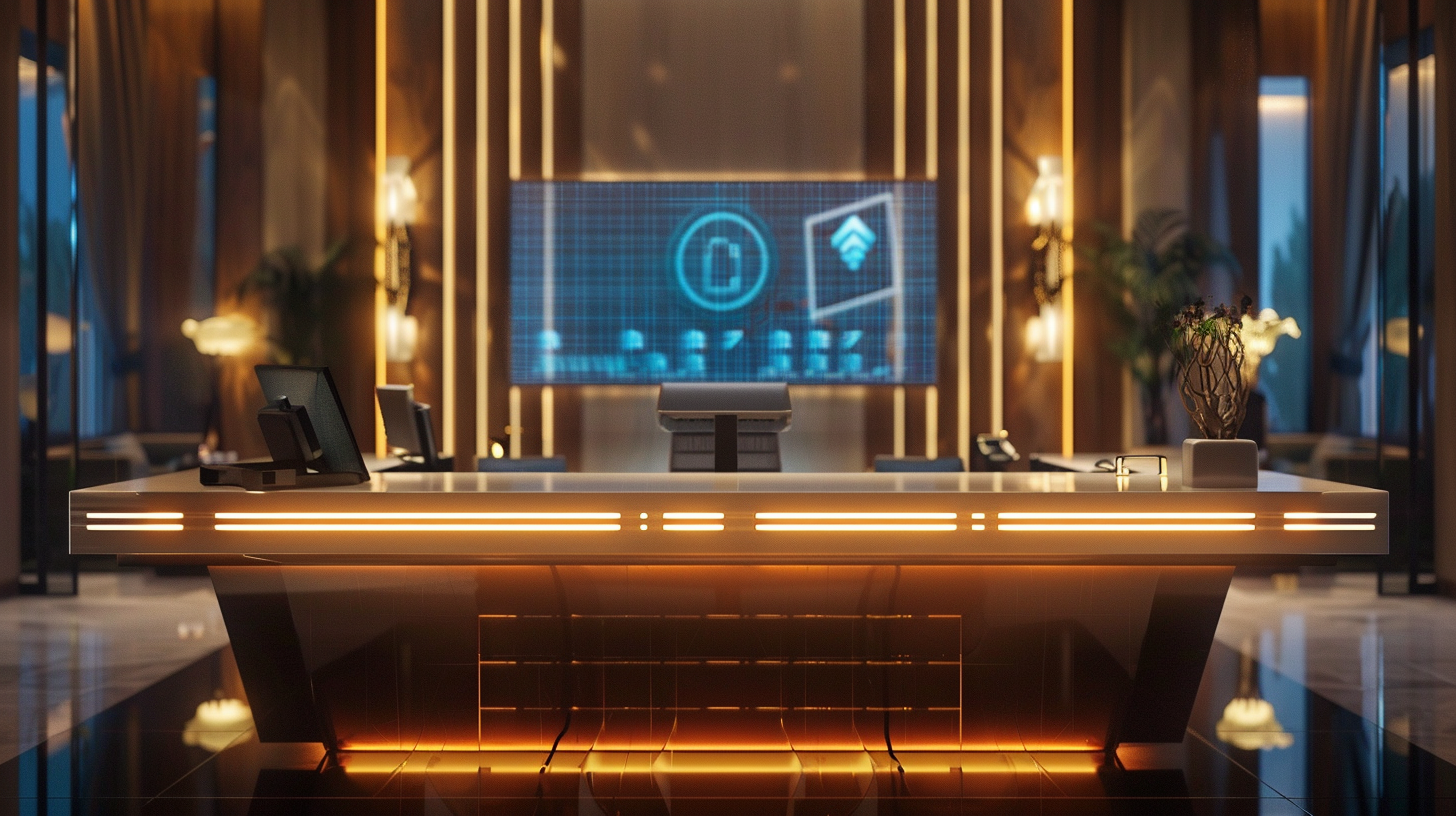 u3737758982_AI-powered_luxury_concierge_desk_with_holographic_2728260a-8315-4f21-97d7-39f50b098672_1 Futuristic office reception desk with digital display.