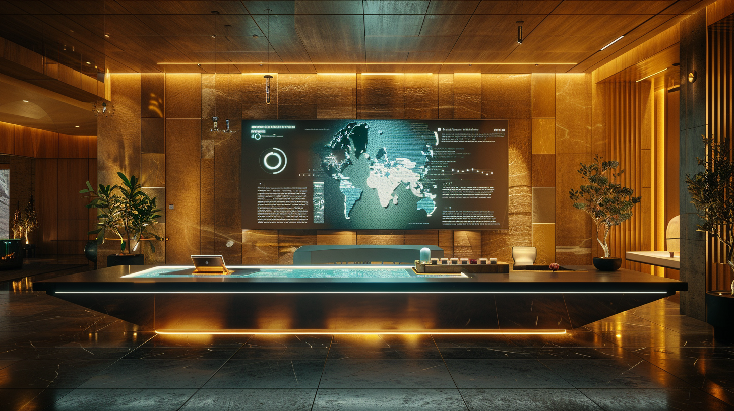 u3737758982_AI-powered_luxury_concierge_desk_with_holographic_2728260a-8315-4f21-97d7-39f50b098672_3 Modern conference room with digital world map display.
