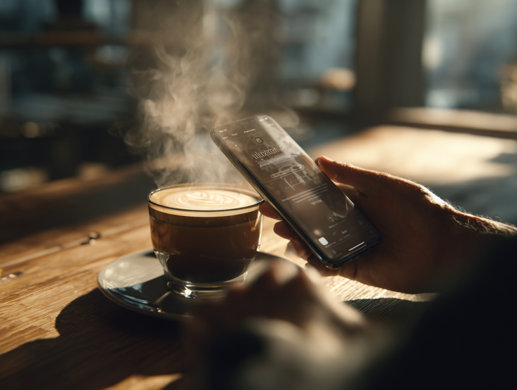 Person holding smartphone near steaming cup of latte.
