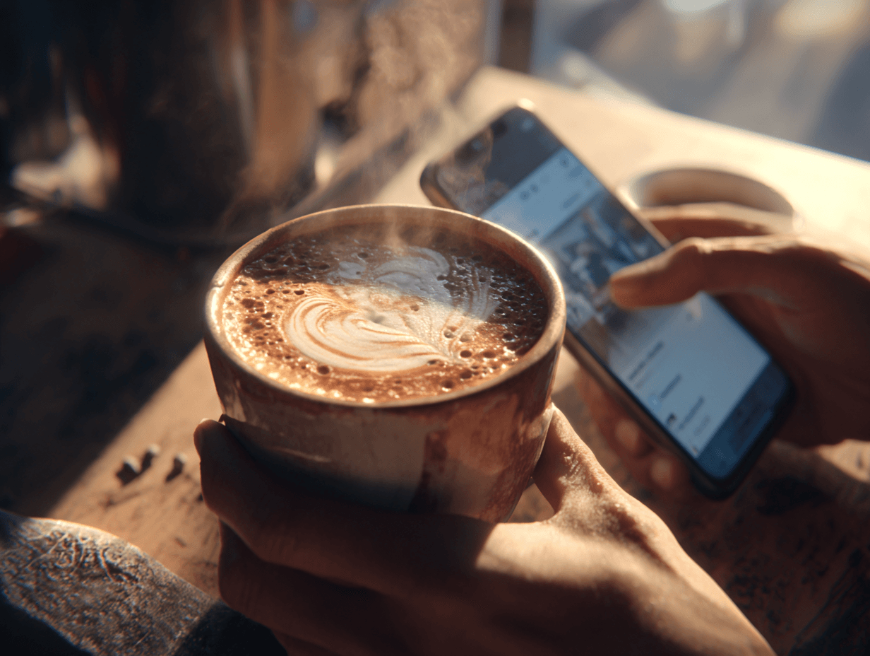 Person holding coffee cup and smartphone