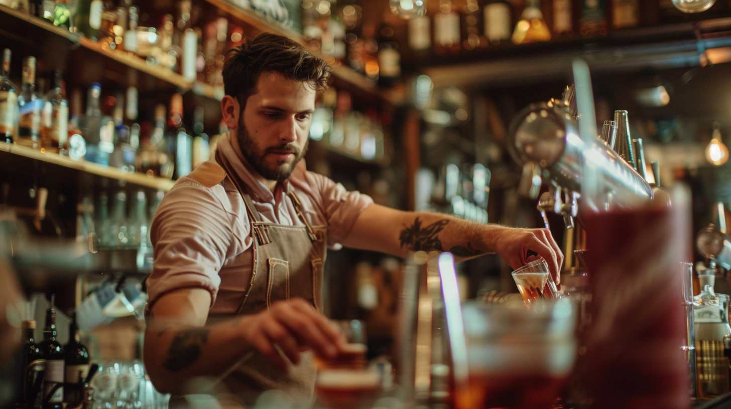 u3737758982_Busy_bartender_in_action_during_peak_hours_multip_afb6a9aa-beda-43b7-aa23-d930e7bc2220_0 Bartender preparing drinks at a bar.