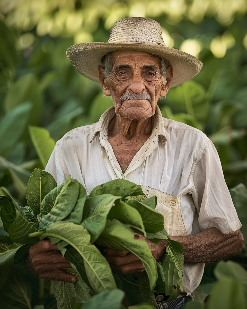 u3737758982_Dignified_portrait_of_elderly_Cuban_tobacco_farme_958ca071-e4e6-45f4-8f8e-2e718e1b5aa7_2 Elderly farmer holding tobacco leaves in field