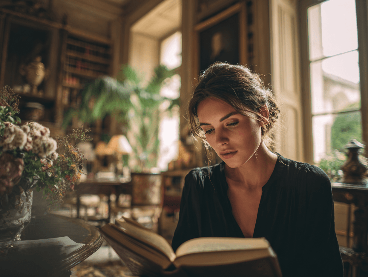 Woman reading a book in elegant library