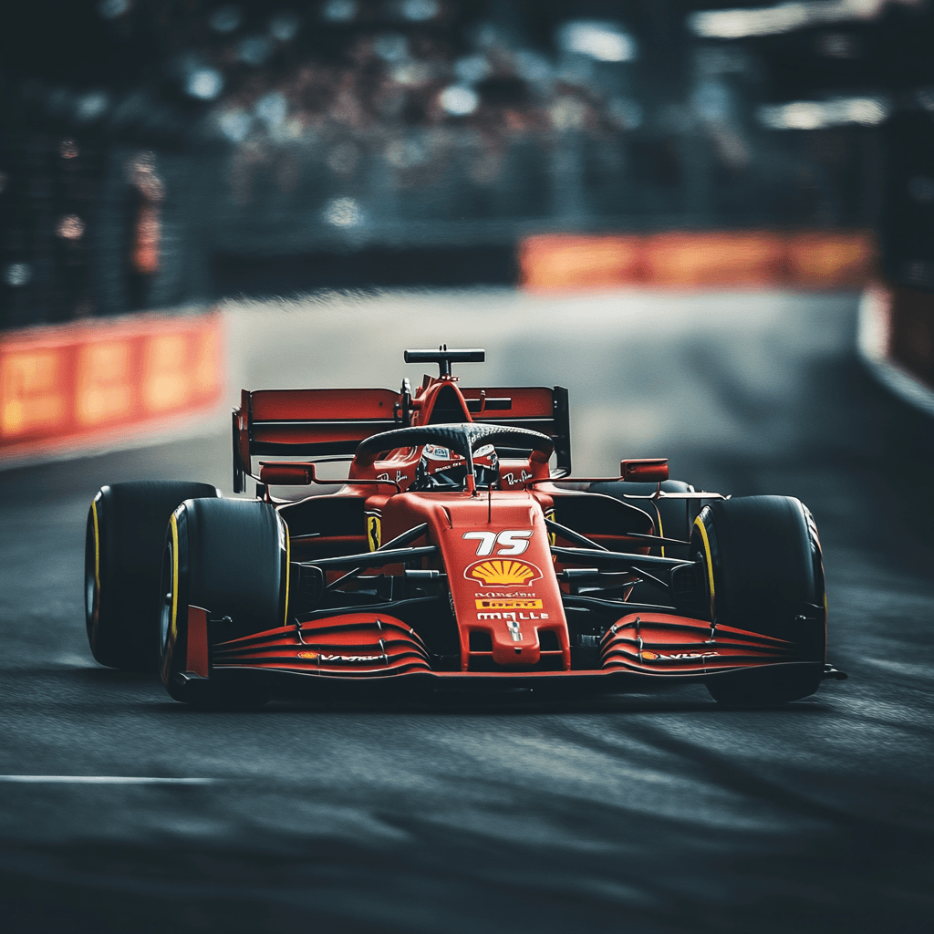 Red Formula 1 car on racetrack.