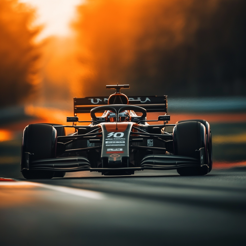 u3737758982_Formula_1_racing_car_images_to_go_with_an_article_e3574c1b-7e54-4b29-b71d-40556cd55b8d_0 Race car driving on track at sunset.