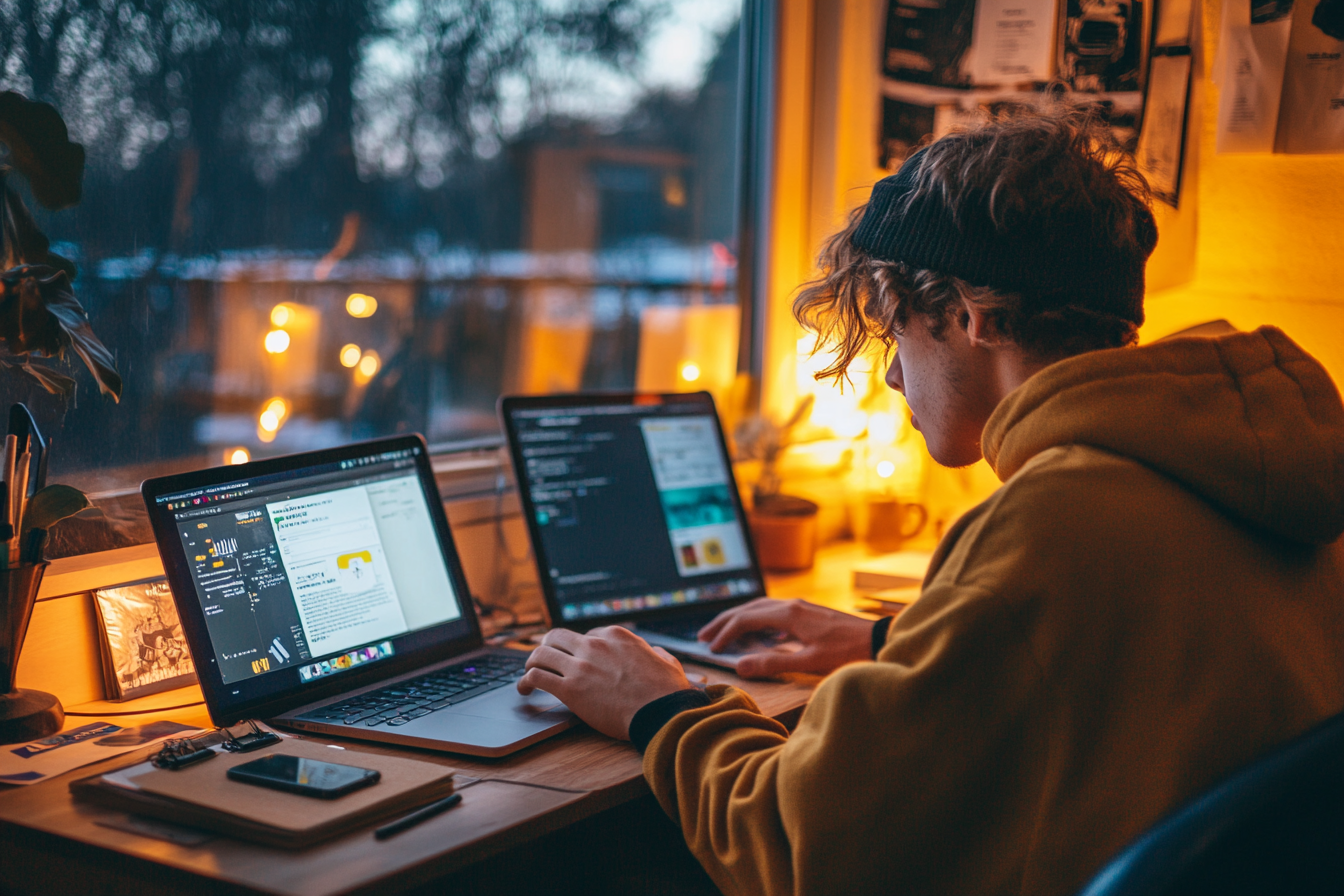 u3737758982_Gen_Z_entrepreneur_working_on_multiple_devices_si_f561a466-dc9e-47ce-99c7-915221054ee7_3 Young programmer coding on laptops in cozy setup.