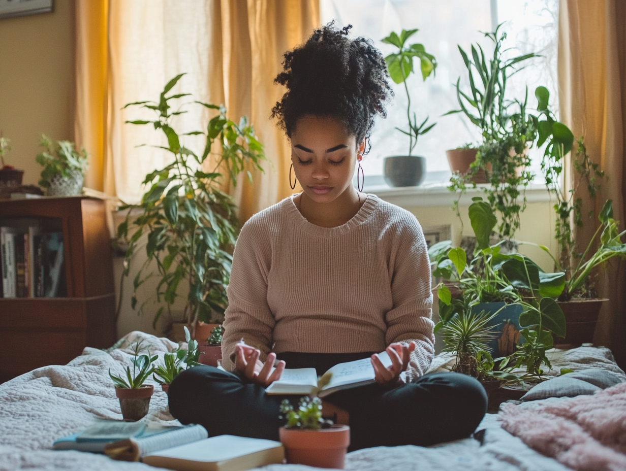 u3737758982_Gen_Z_person_meditating_with_plants_and_journals__77aa7df8-7522-47d7-bdc4-d7718a1d1a1e_1 Person reading on bed surrounded by plants.