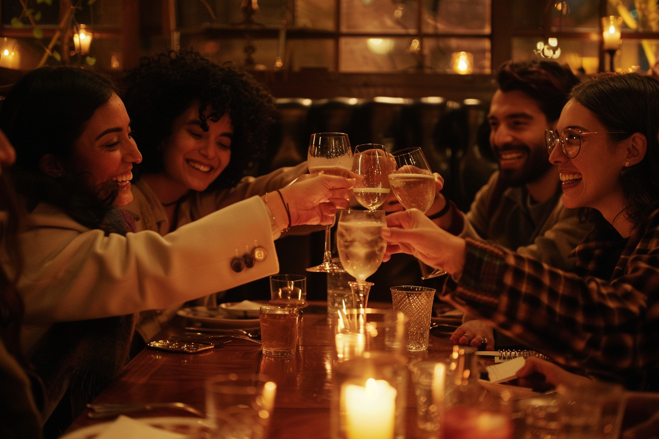 u3737758982_Group_of_friends_raising_vintage_cocktail_glasses_449c7310-06a0-4c41-9c2a-469fb145c33e_2 Friends toasting with wine glasses at a restaurant.