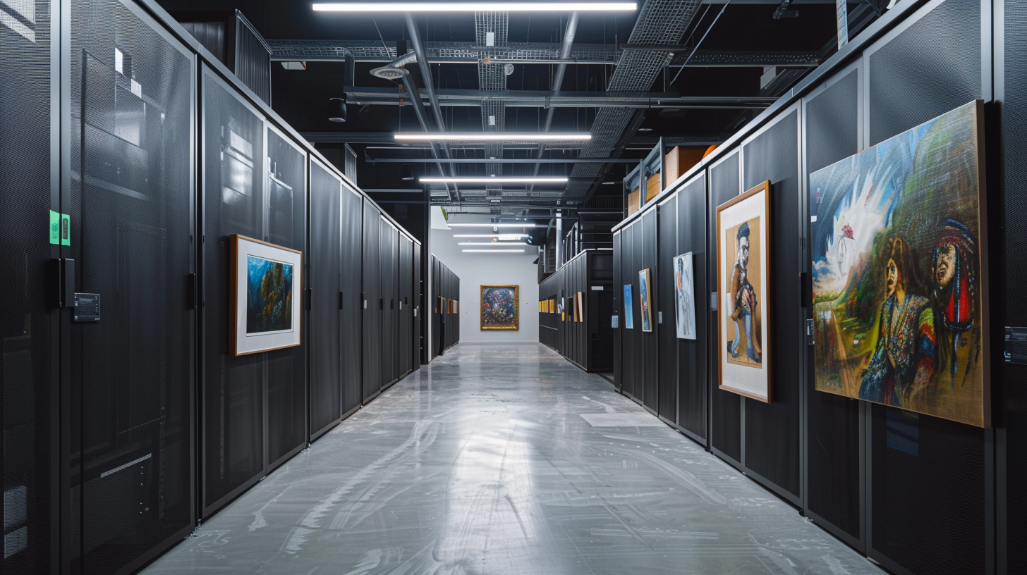 u3737758982_High-security_art_storage_vault_with_climate_cont_d9038bec-b1ef-4690-a19d-29ee539488b9_3 Art storage room with framed paintings on walls.