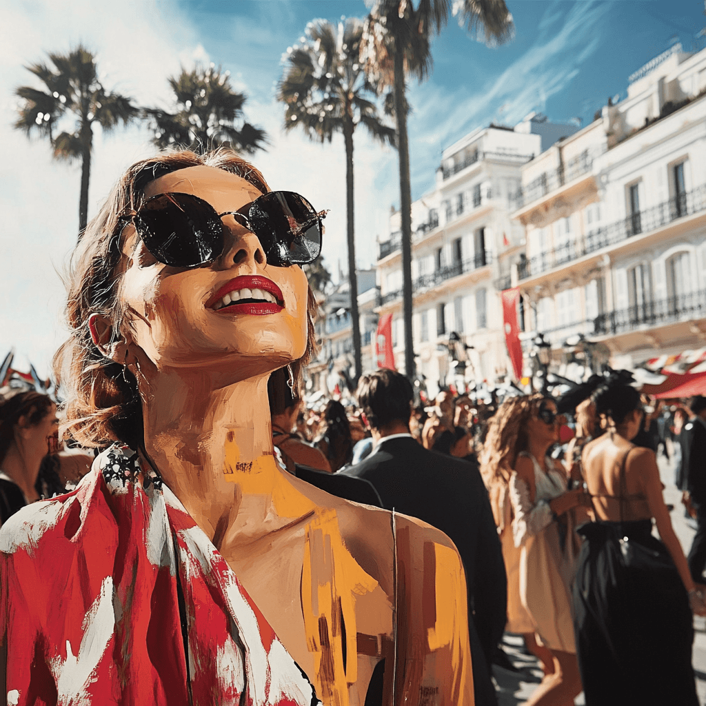Stylized woman in sunglasses at a crowded street event.