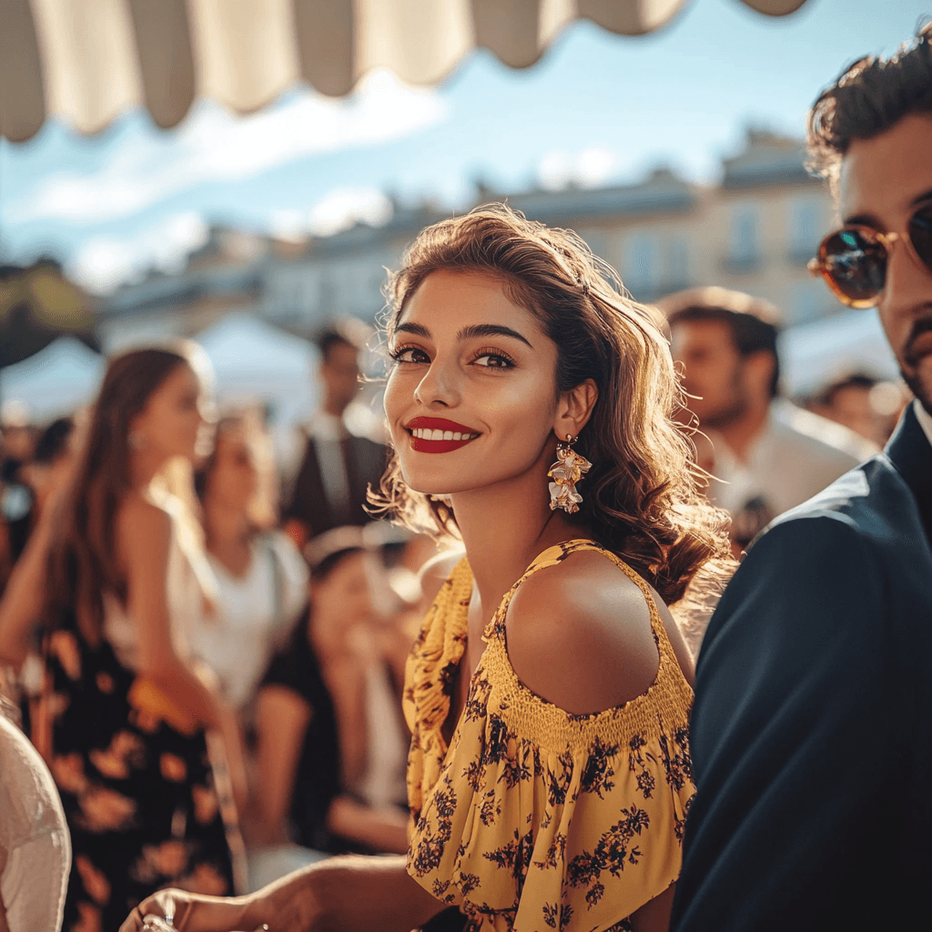 Woman smiling at outdoor market, bright summer day.