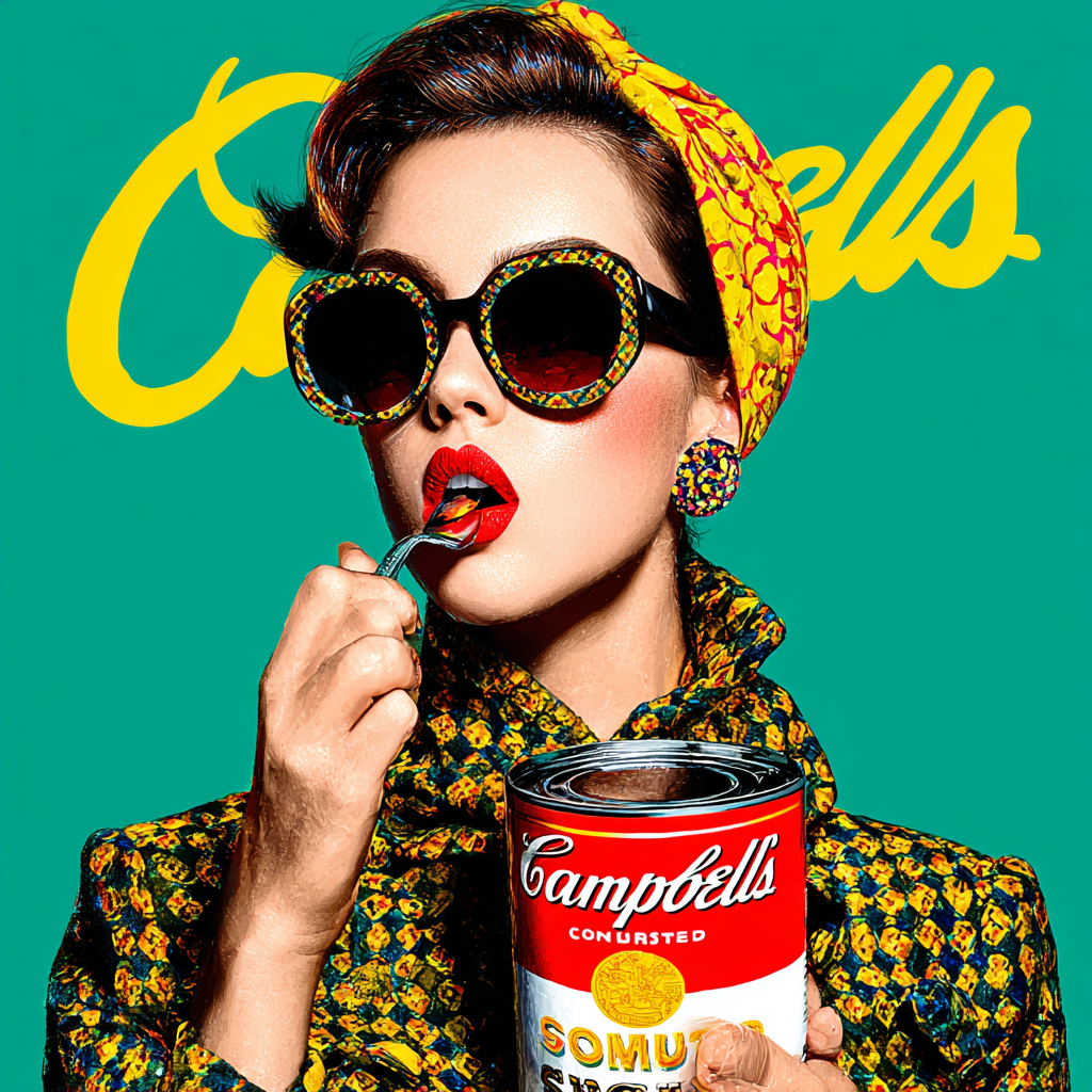 u3737758982_Luxury_brand_campaign_imagery_in_Warhol_portrait__0eee8db4-9628-42f1-8534-205fa2981207_3 Stylish woman with Campbell's soup can background.