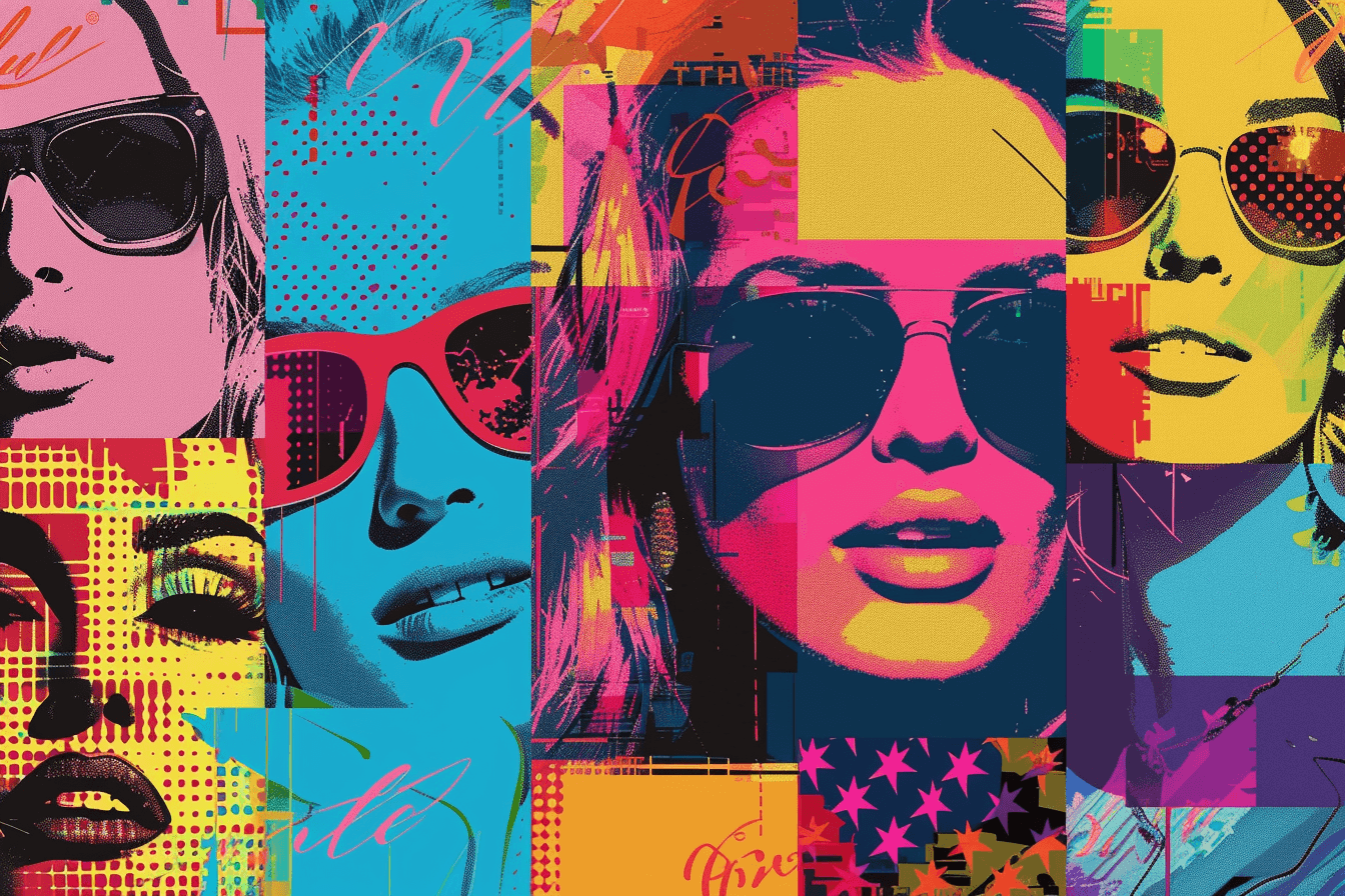Colorful pop art collage of women in sunglasses.