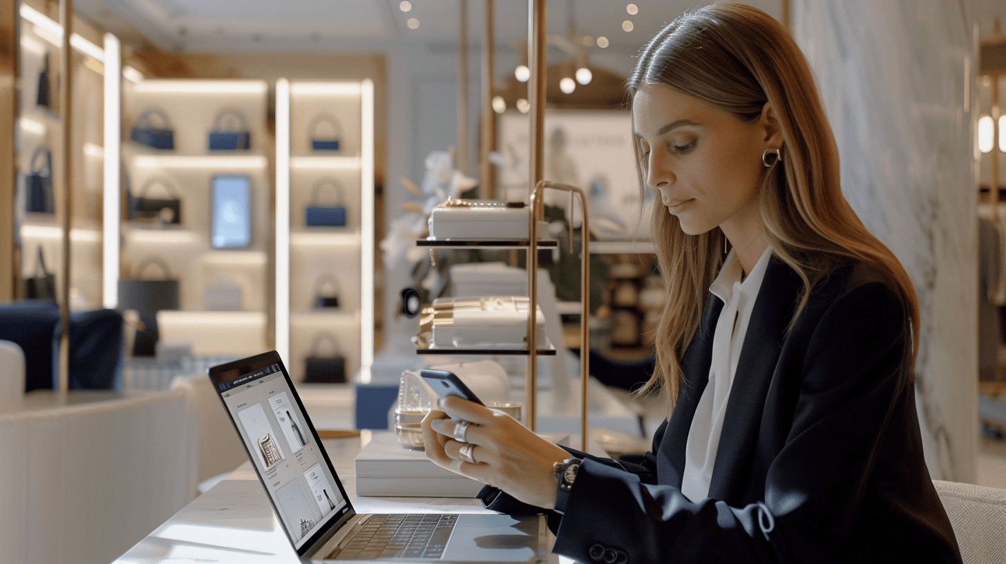 Woman shopping online in luxury store.