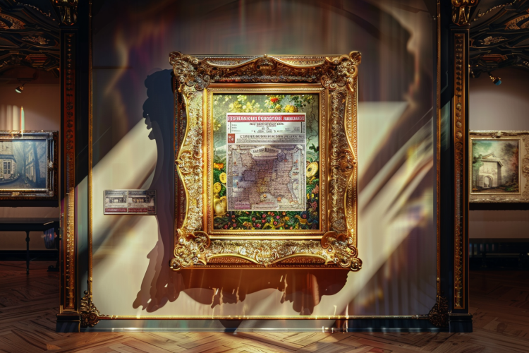 Ornate framed map in art gallery exhibit
