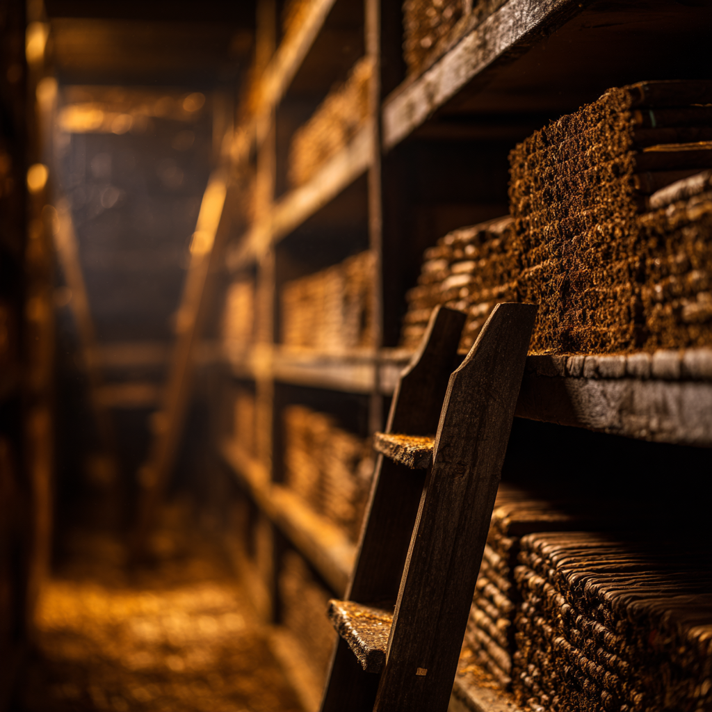u3737758982_Macro_photography_of_traditional_cedar_aging_room_1f2399c9-f035-44ac-853f-288a674728f5_2 Aging room with stacks of tobacco leaves.
