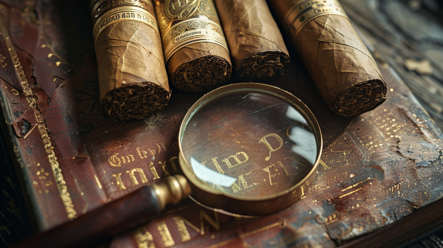 u3737758982_Macro_photography_of_vintage_cigar_bands_laid_out_e507d71f-bca0-4598-9376-1b3be5eaa376_1 Vintage cigars and magnifying glass on old book.