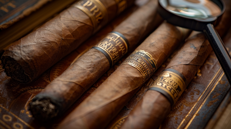 Close-up of cigars with magnifying glass.