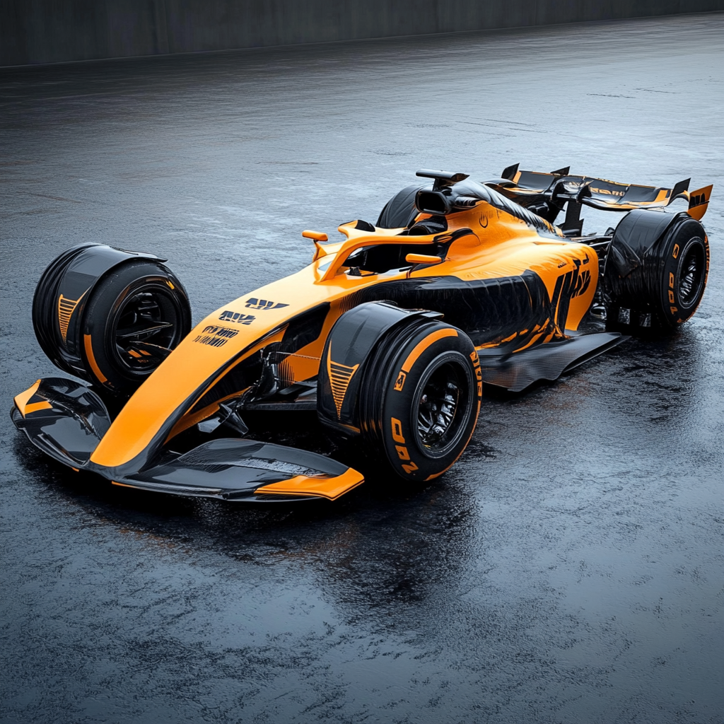 u3737758982_make_them_look_like_mcclaren_racing_car_--v_6.1_f88697cc-d384-44ba-b5c6-f024cbd93ab9_3 Orange Formula 1 car on wet asphalt.