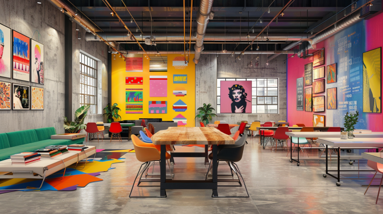 Vibrant coworking space with colorful artwork and seating.