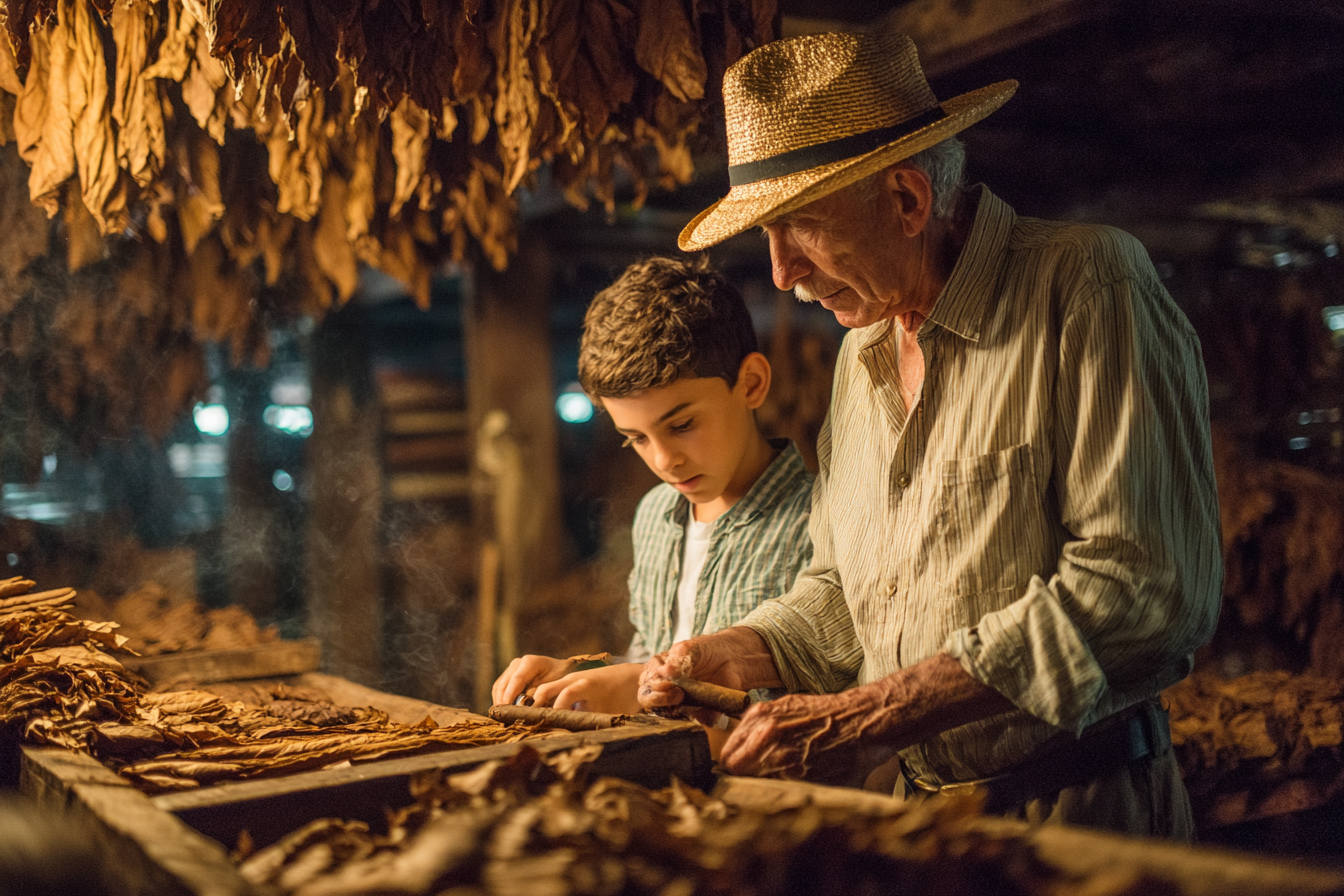 u3737758982_Multi-generational_cigar_makers_in_traditional_Cu_27a21120-9ef0-454f-b09d-703db99dd232_0 Elderly man teaches boy to roll cigars