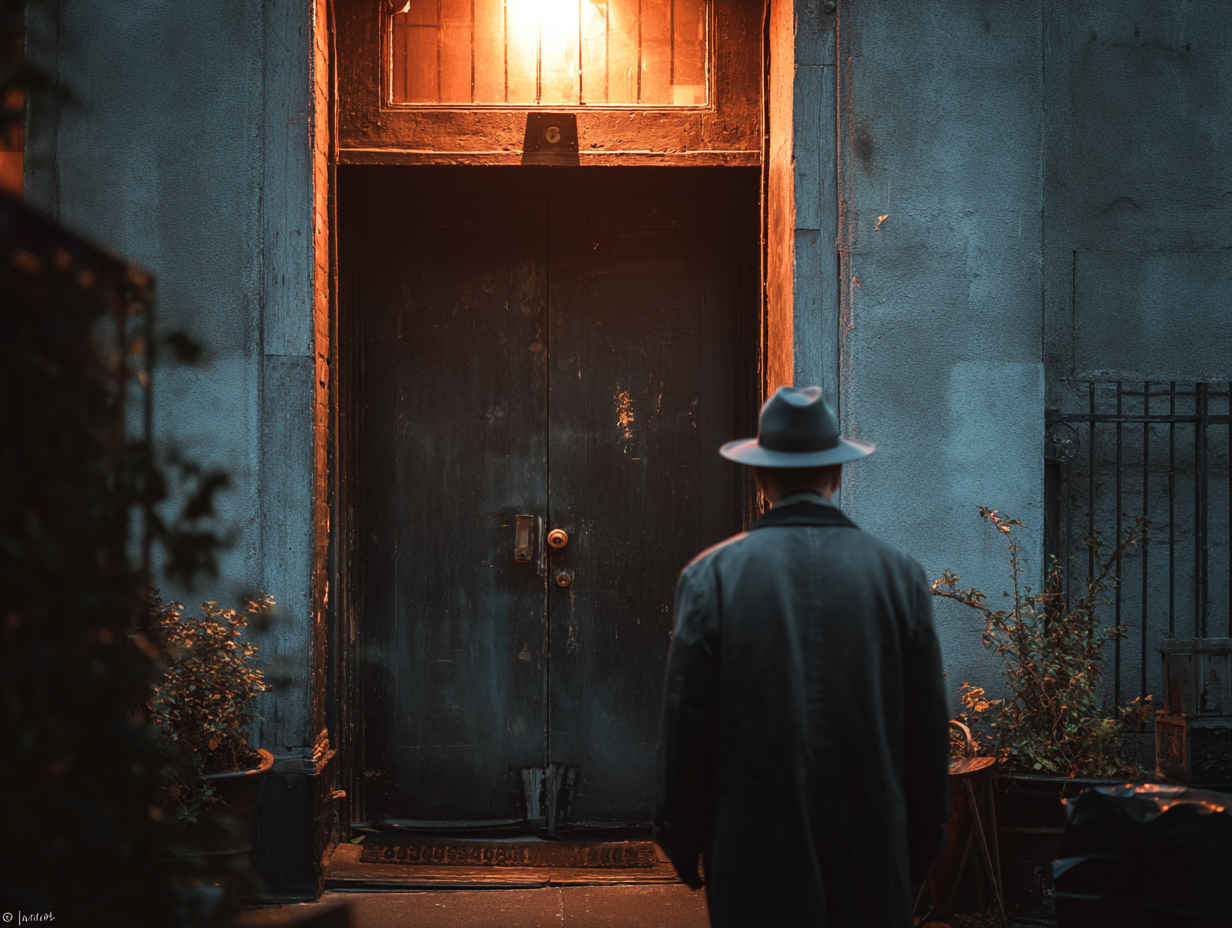 u3737758982_Mysterious_speakeasy_entrance_unmarked_door_with__ba5279ea-b668-4c9e-a0fc-1cf6350d4cb9_2 Mysterious figure in hat standing at illuminated door.