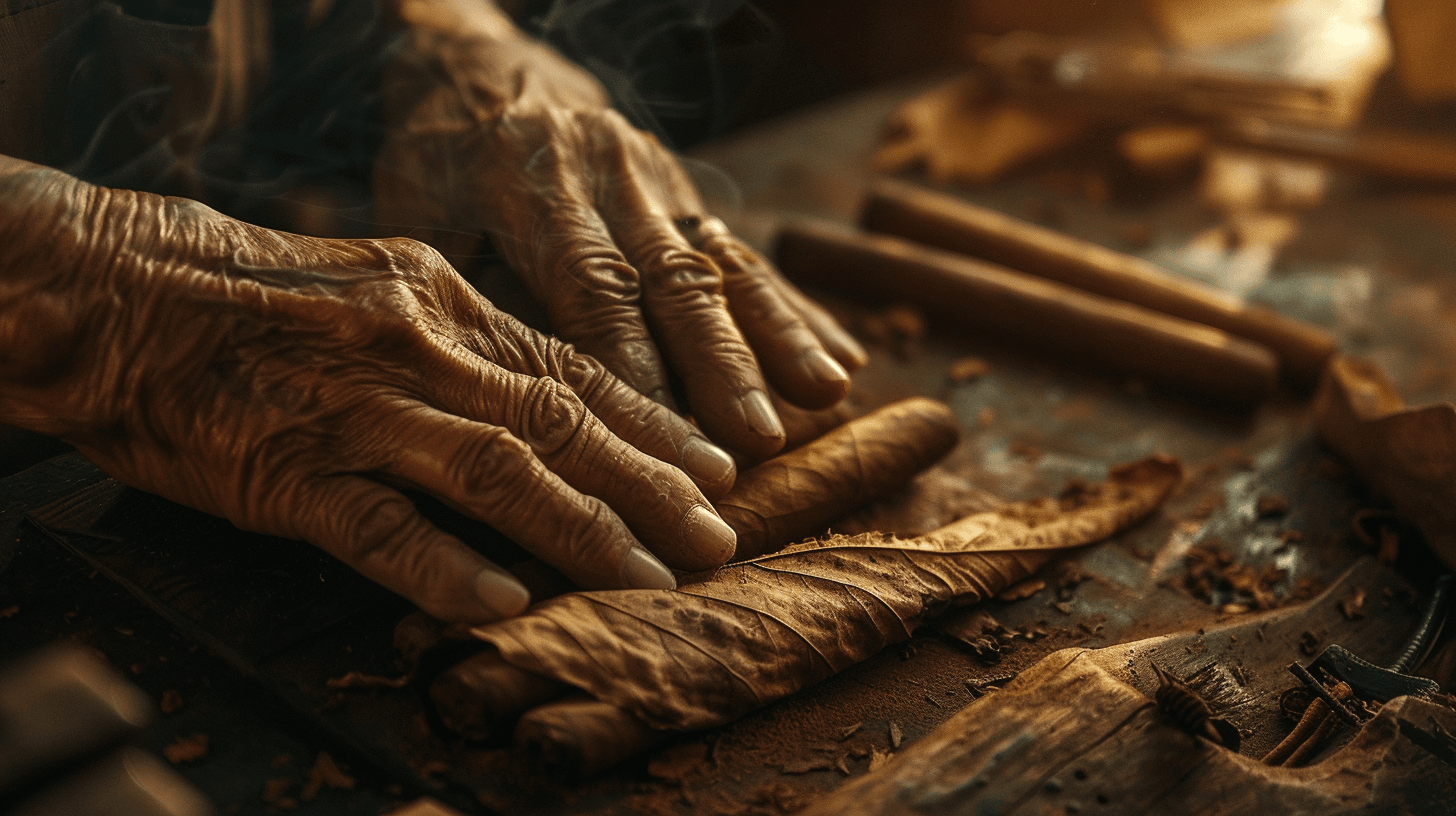 Hands rolling cigars with tobacco leaves.