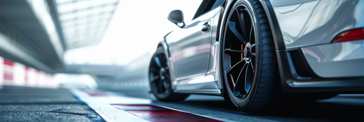 Close-up of a sports car rear wheel.
