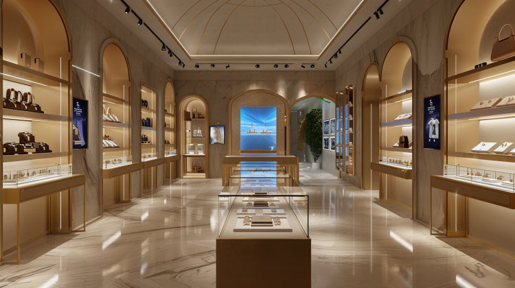 Luxury store interior with elegant displays and lighting.