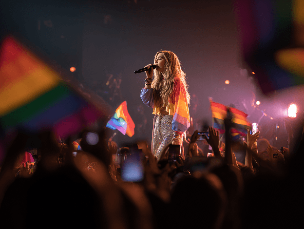 Singer performs on stage with rainbow flags waving.