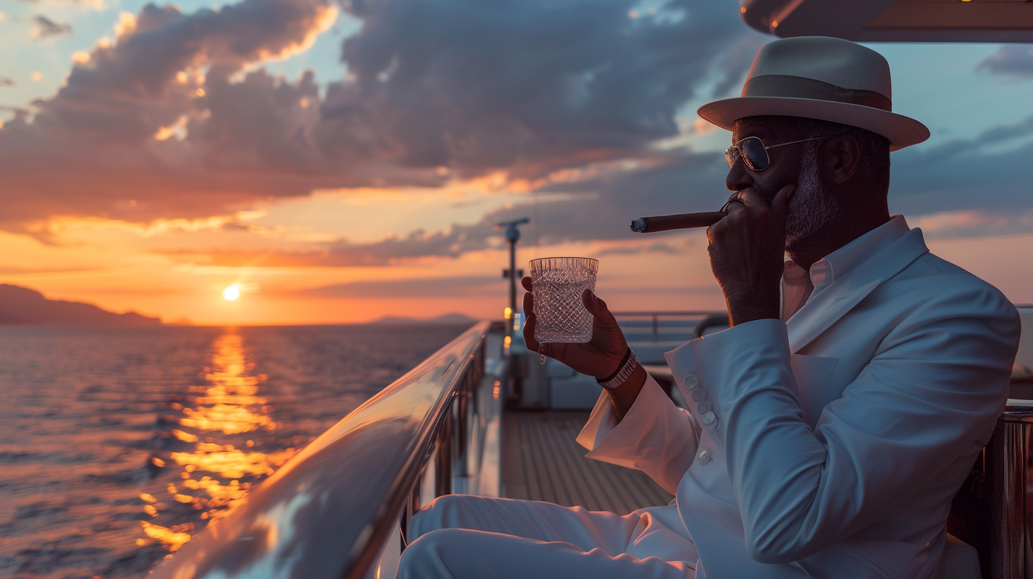 u3737758982_Sophisticated_gentleman_enjoying_premium_cigar_on_031ee32c-1931-431b-b98c-a49283b112c2_0 Man smoking cigar on yacht at sunset