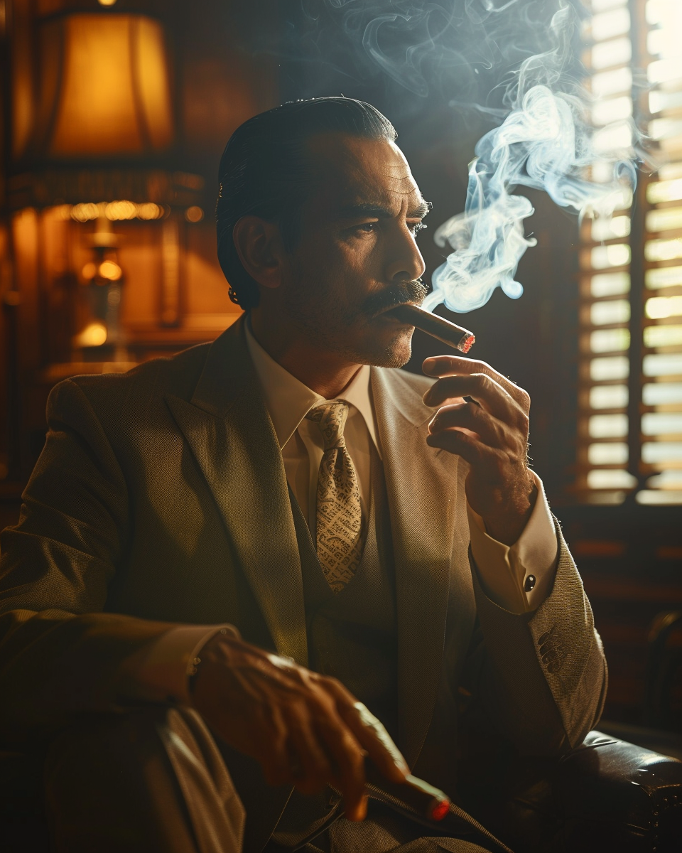 u3737758982_Sophisticated_recreation_of_1950s_cigar_advertise_13eb28c2-7b2d-4789-b590-34bc125f7e2a_2 Man in suit smoking cigar indoors.