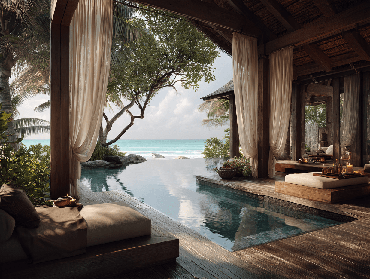 Luxury beachside villa with infinity pool and ocean view.