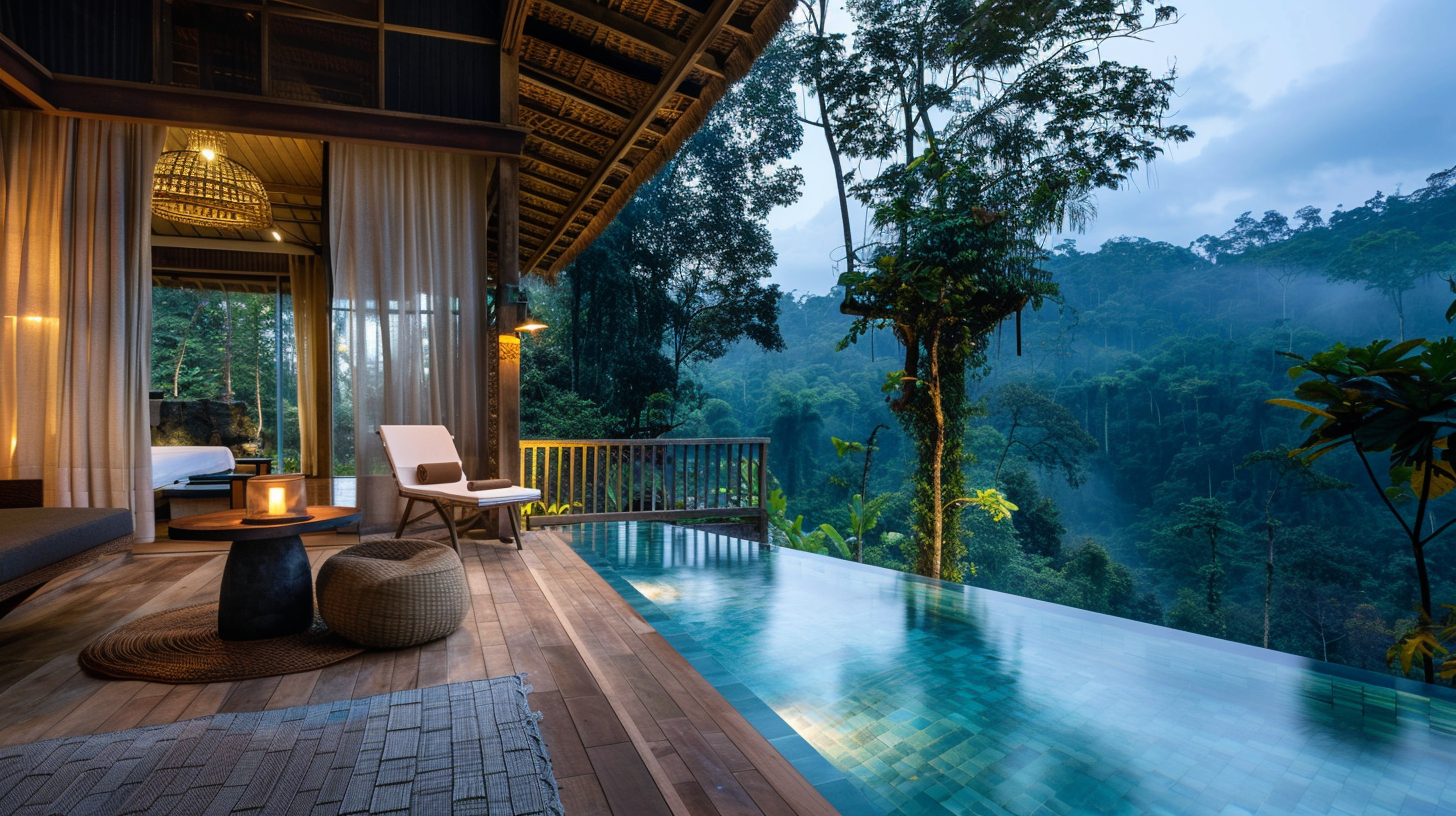 u3737758982_spa_pavilion_in_an_exclusive_tropical_resort_infi_ba5ec6bf-b7e9-4b66-8063-72e1768a220b_2 Luxury forest villa with infinity pool at dusk.