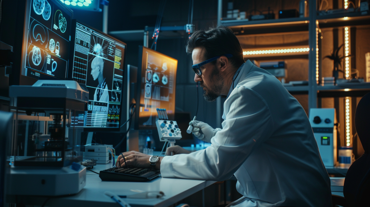 Scientist analyzing brain scans in modern lab