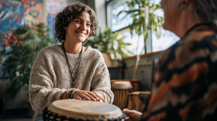 Person playing drums in cozy, plant-filled room.