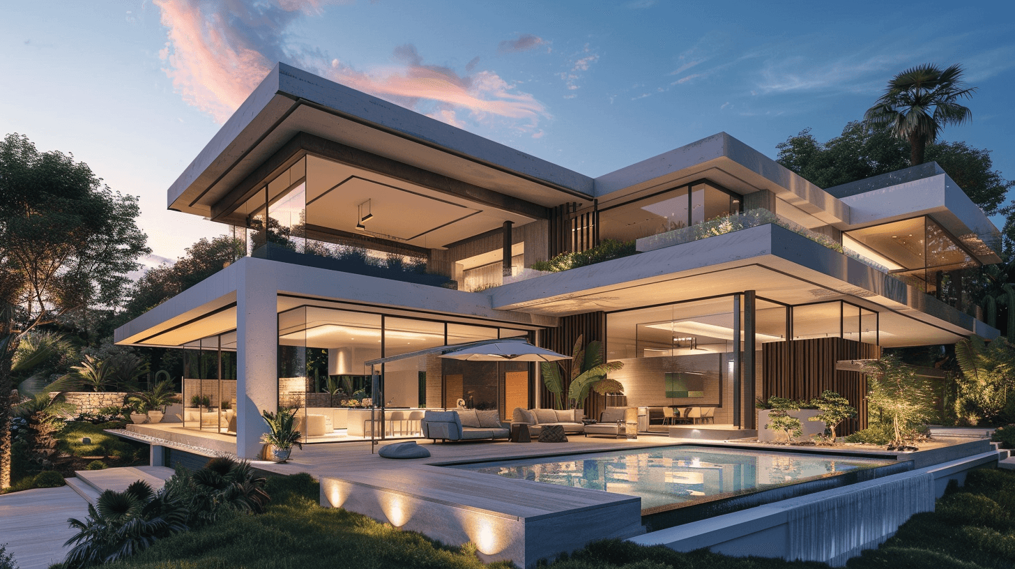 Modern luxury home with pool at sunset