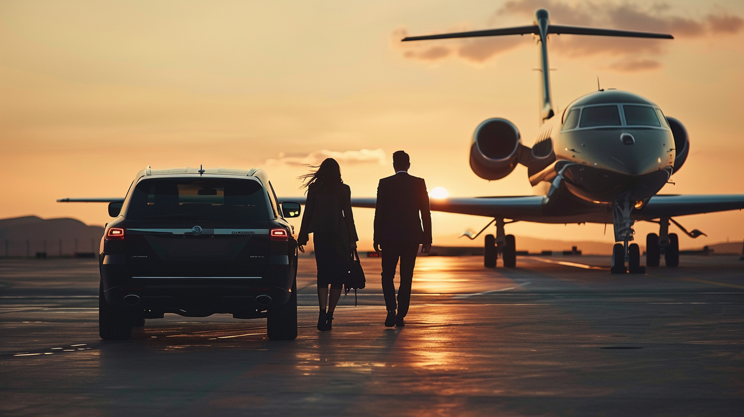 u3737758982_ultra-modern_private_jet_parked_on_runway_at_gold_0a5323e9-2903-4bbc-87eb-d871ef8dca19_2 Couple walking towards private jet at sunset.