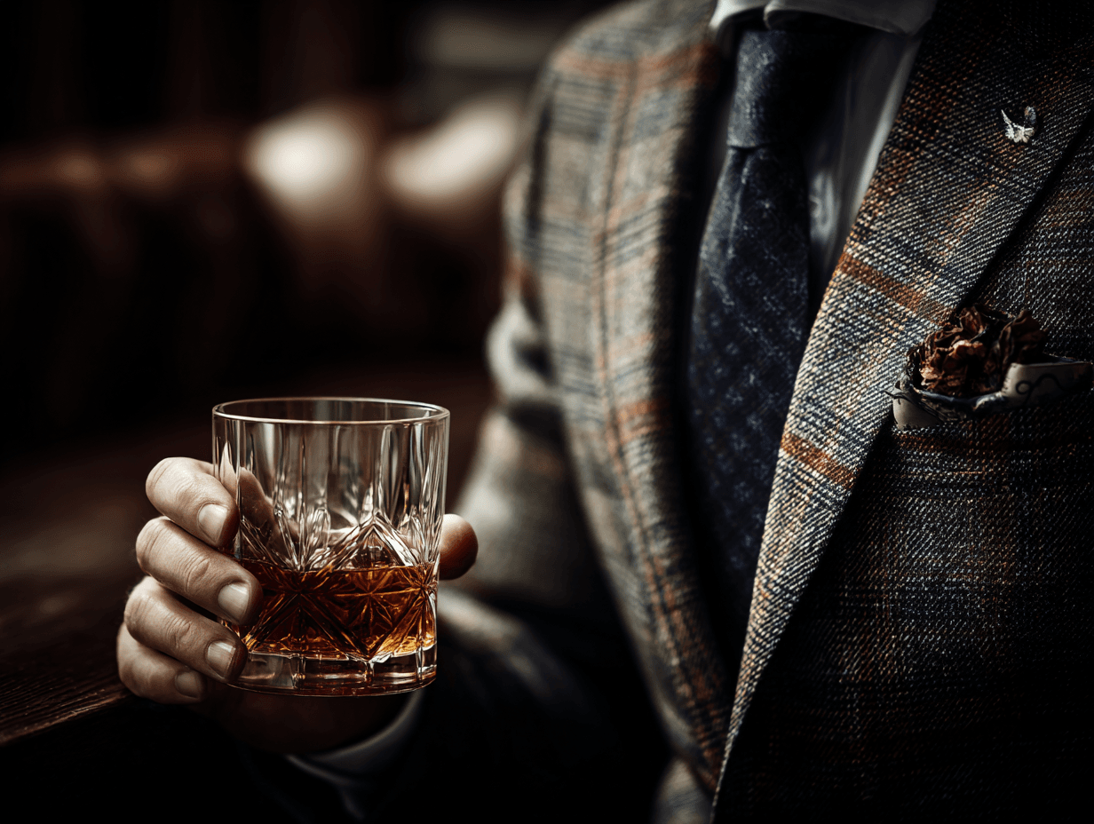 Man holding crystal glass of whiskey, wearing suit.