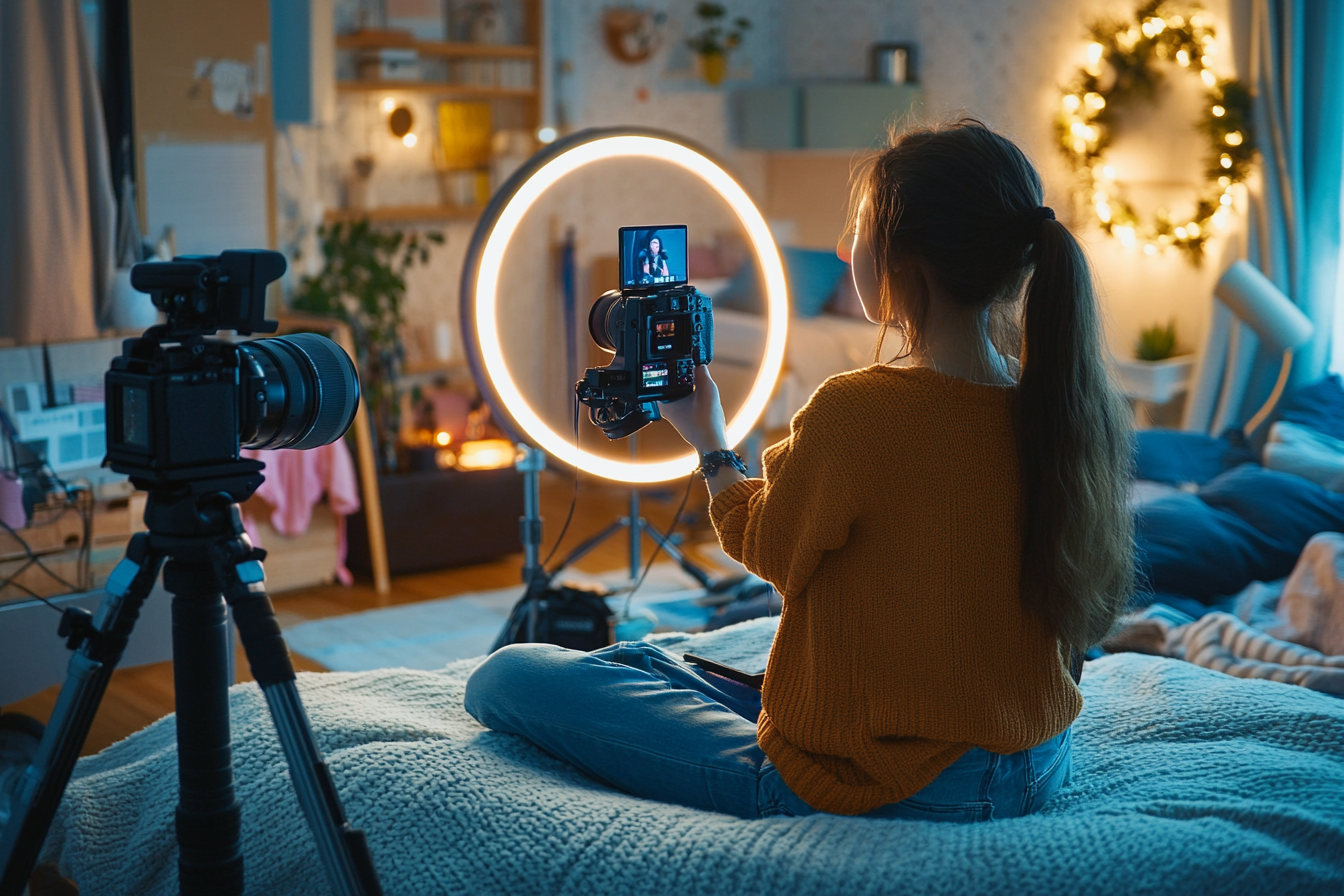 u3737758982_Young_content_creator_filming_in_bedroom_studio_s_05a0dd4d-cb69-467f-9352-3c077a756e8f_2 Person recording video on camera with ring light