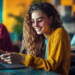 Young woman smiling, using phone and laptop.