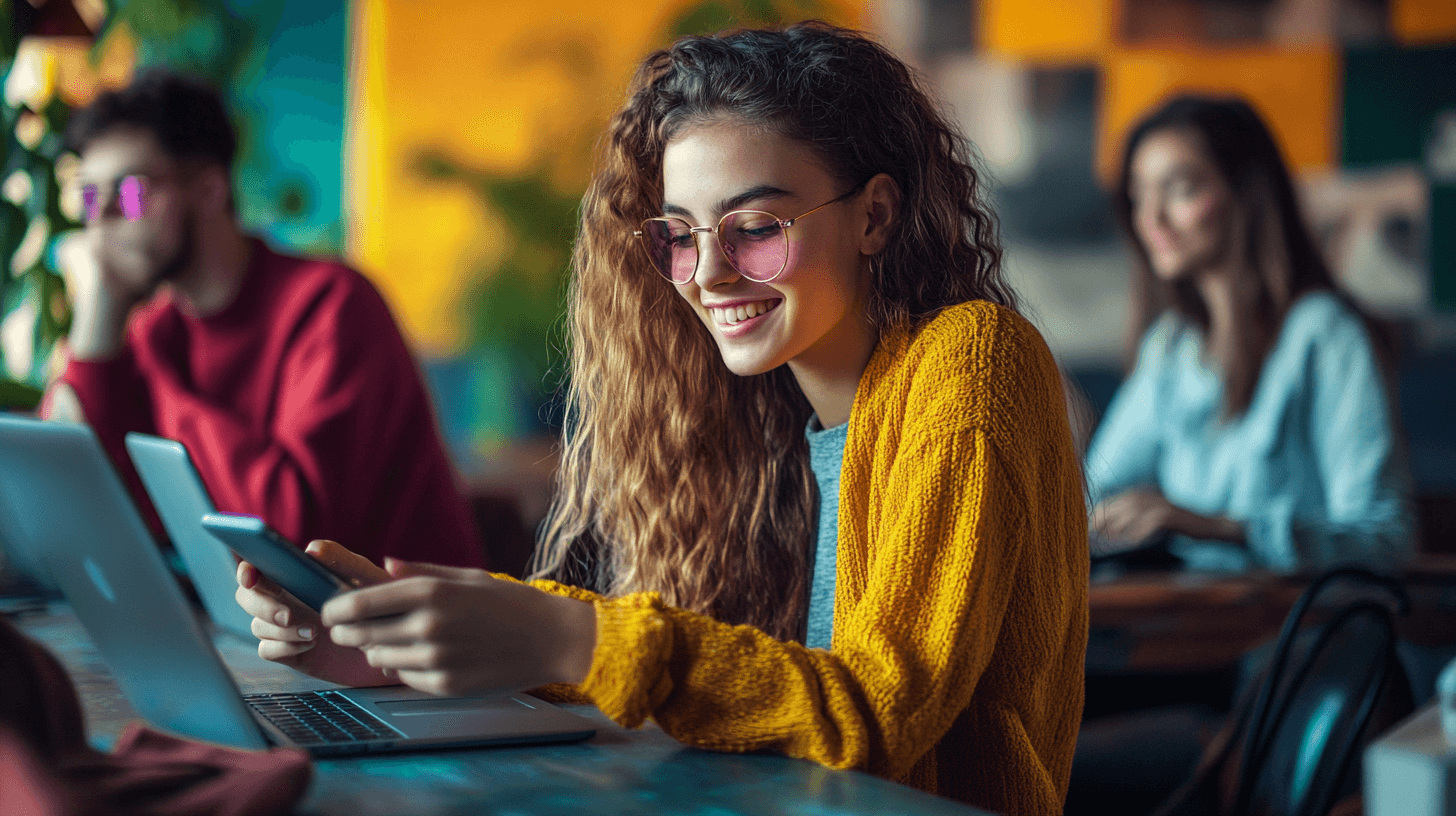 Young woman smiling, using phone and laptop.