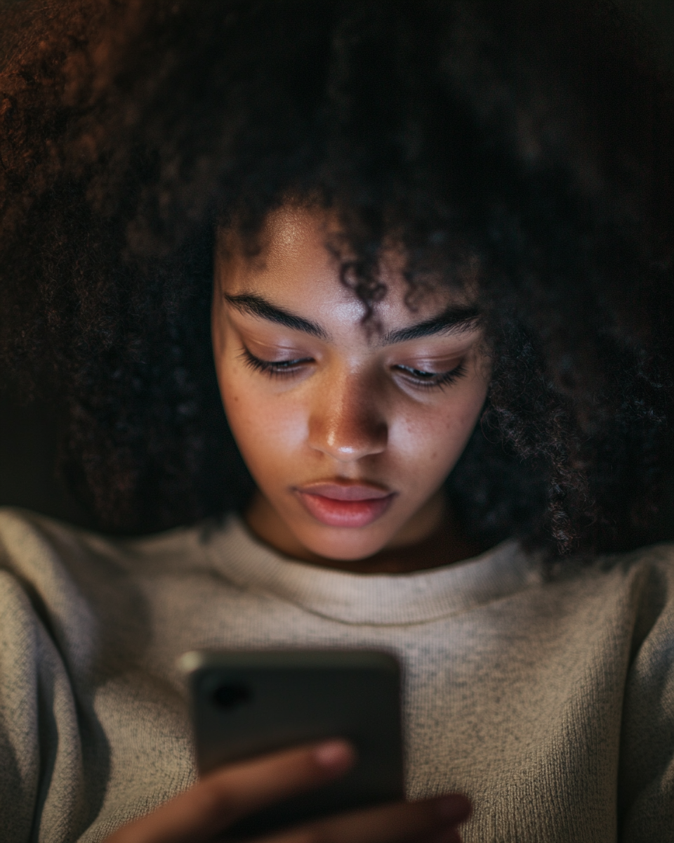 u3737758982_Young_person_scrolling_phone_with_authentic_expre_c9929b45-fd28-41c4-bad2-2bc90f7d7afc_0 Person focused on smartphone screen in dim light.
