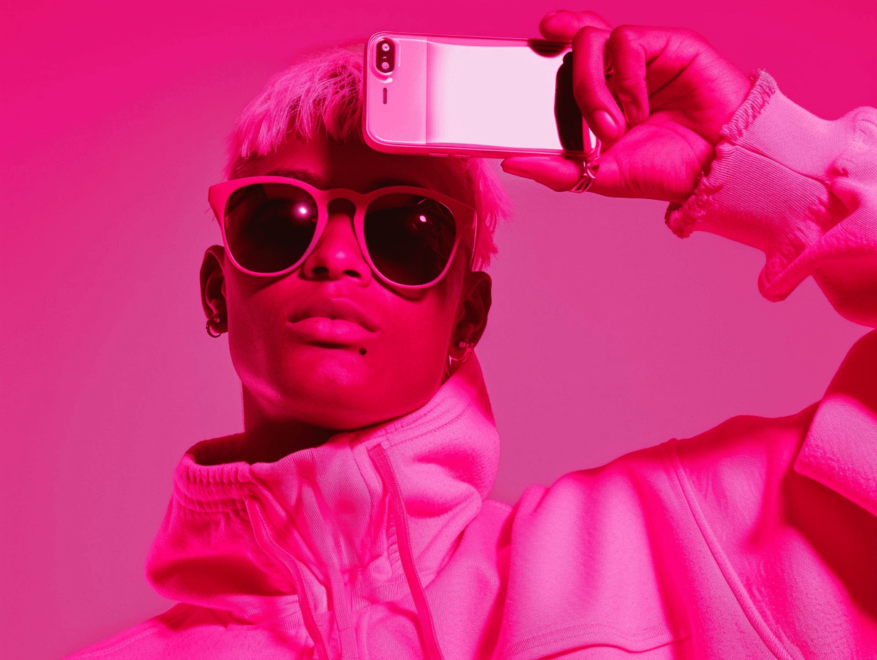 Person in hoodie and sunglasses under pink lighting.