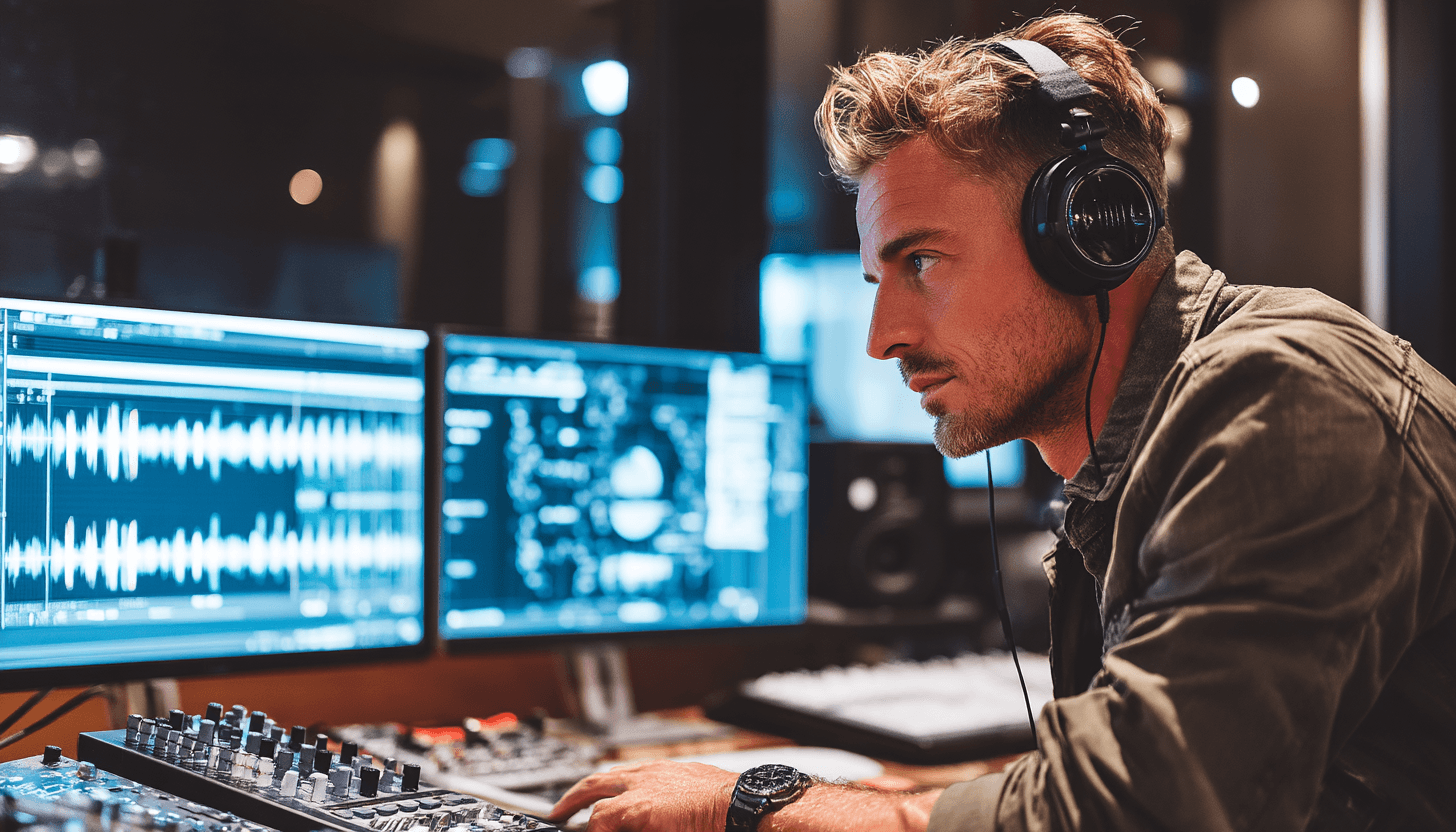 Audio engineer mixing tracks with headphones