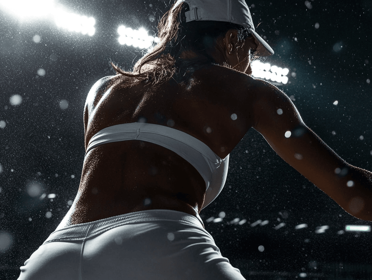 Athlete in white outfit during intense nighttime sports event.