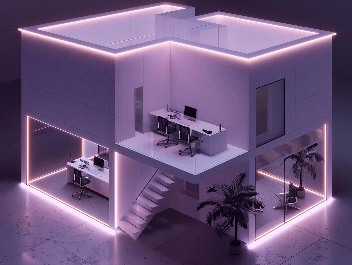 Futuristic office with pink neon lighting.