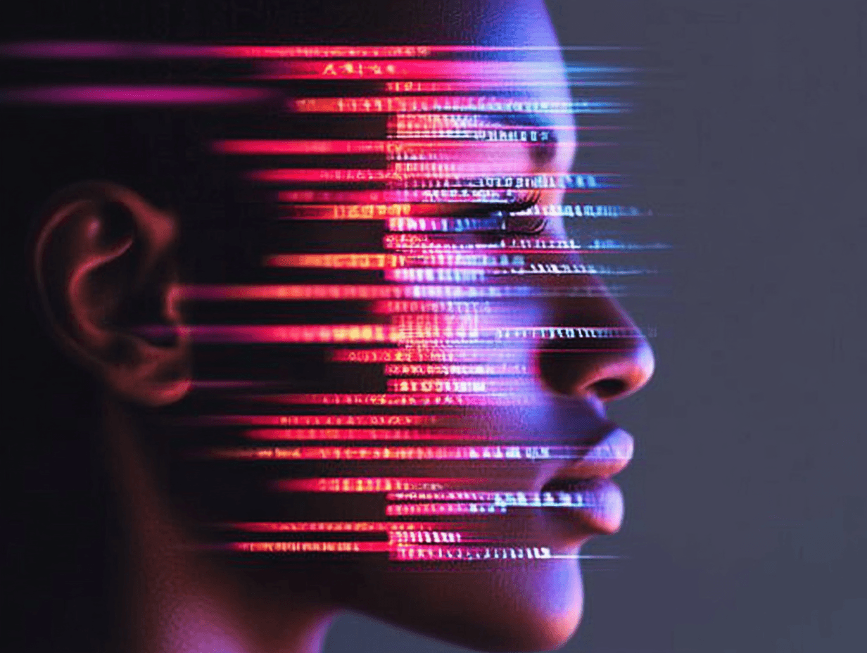 Digital face with colorful glitch effect