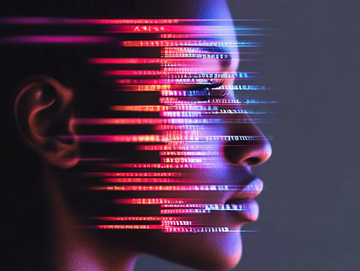 Digital face with colorful glitch effect